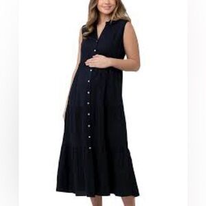Ripe Maternity Navy Linen Blend Tiered Nursing Dress Pockets Sz M